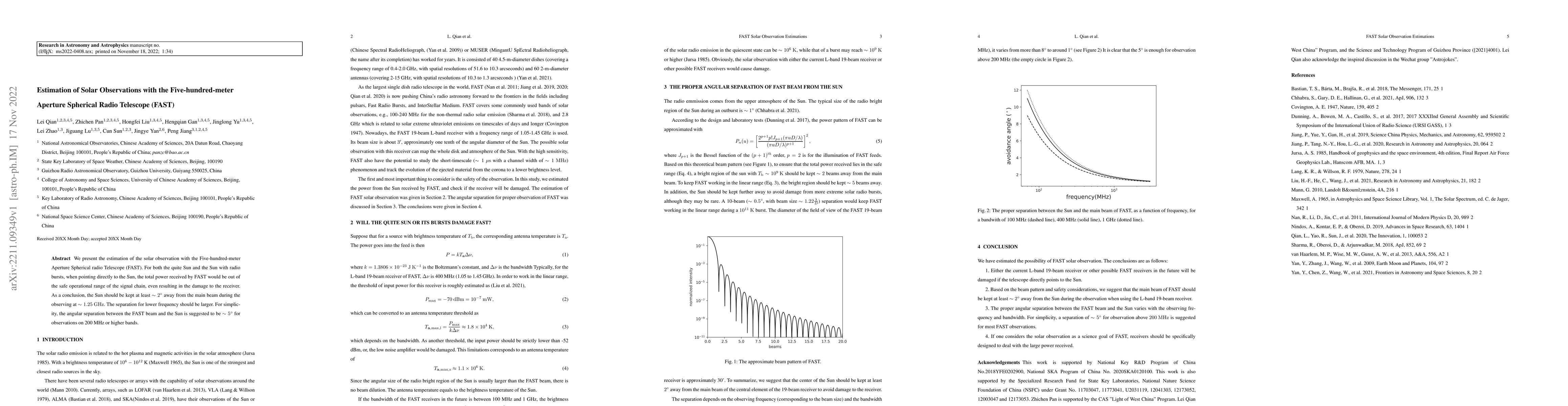 Thumbnail for Estimation of Solar Observations with the Five-hundred-meter Aperture
  Spherical Radio Telescope (FAST)