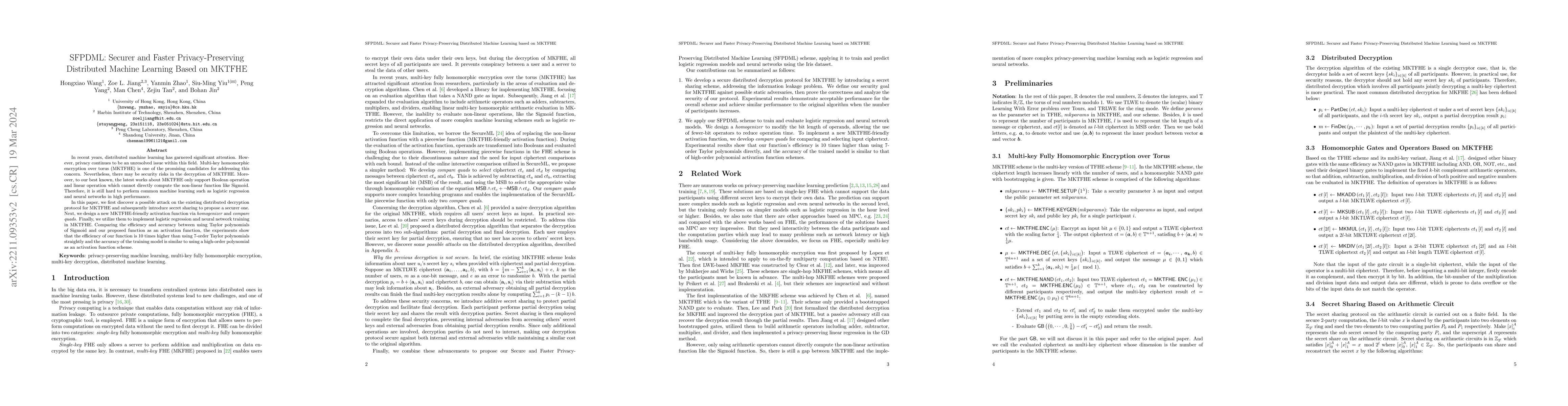 Thumbnail for SFPDML: Securer and Faster Privacy-Preserving Distributed Machine
  Learning based on MKTFHE