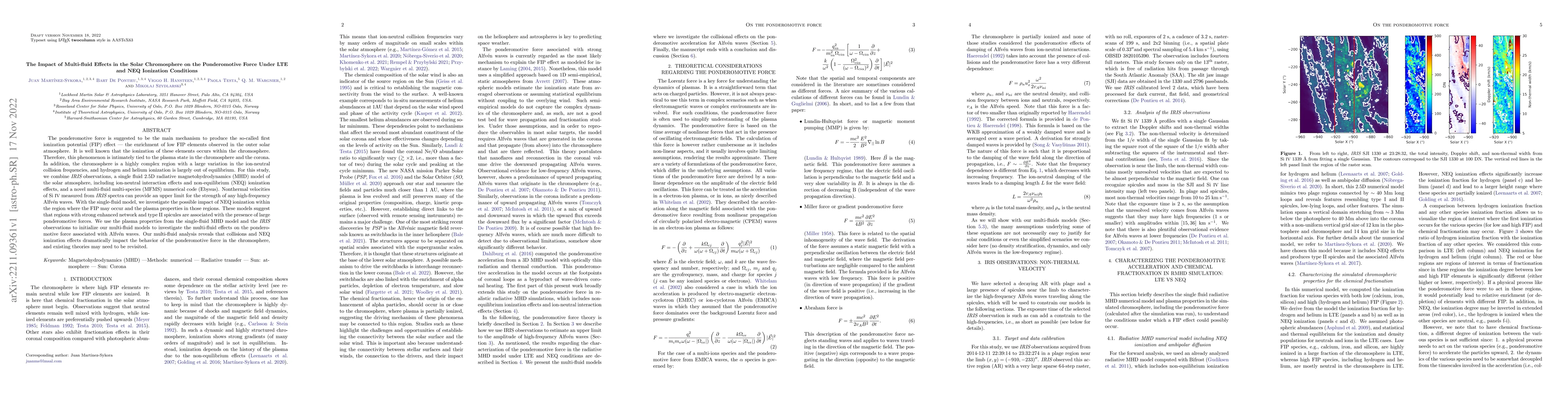 Thumbnail for The impact of multi-fluid effects in the solar chromosphere on the
  ponderomotive force under LTE and NEQ ionization conditions