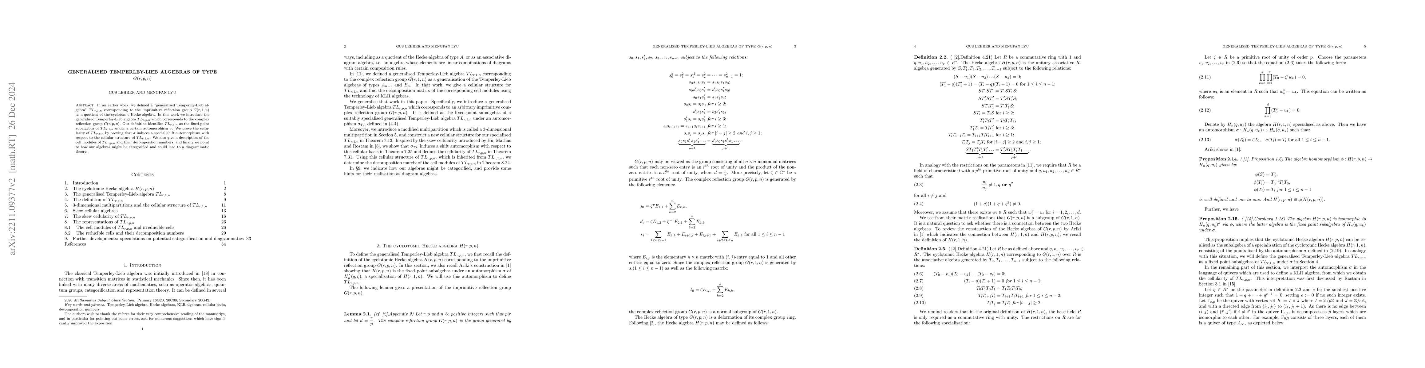 Thumbnail for Generalised Temperley-Lieb algebras of type $G(r,p,n)$