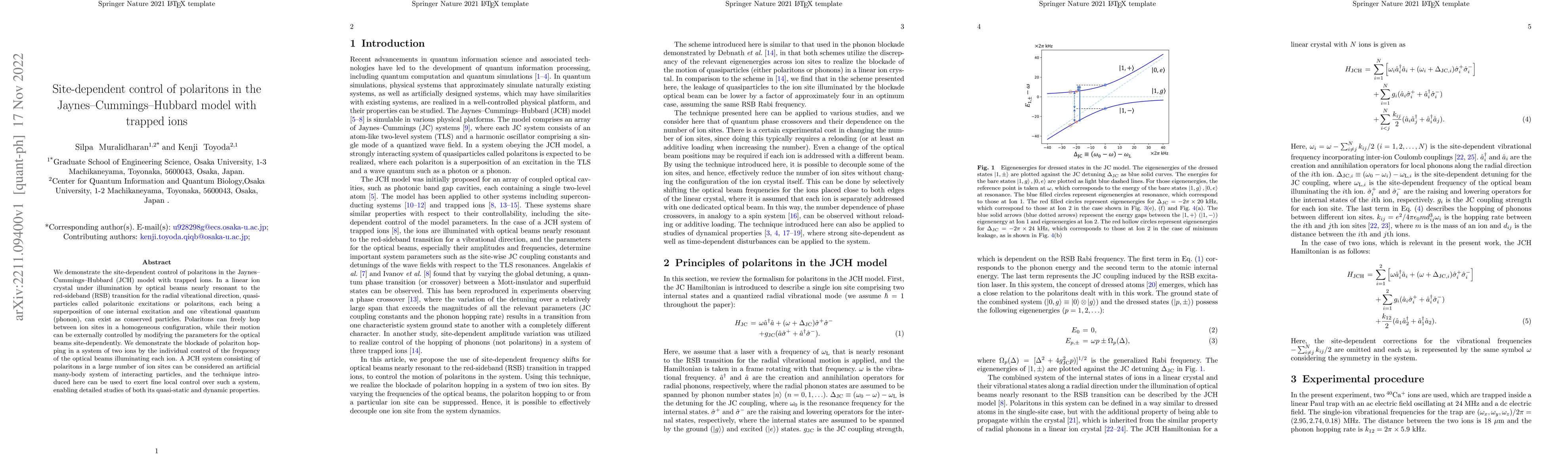 Thumbnail for Site-dependent control of polaritons in the Jaynes Cummings Hubbard
  model with trapped ions
