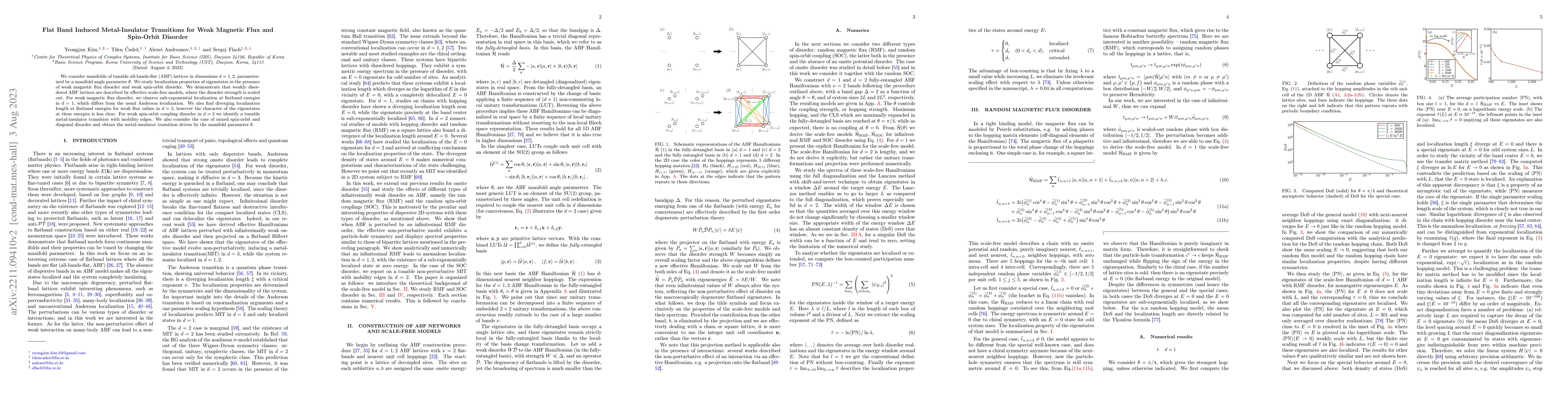 Thumbnail for Flat Band Induced Metal-Insulator Transitions for Weak Magnetic Flux and
  Spin-Orbit Disorder