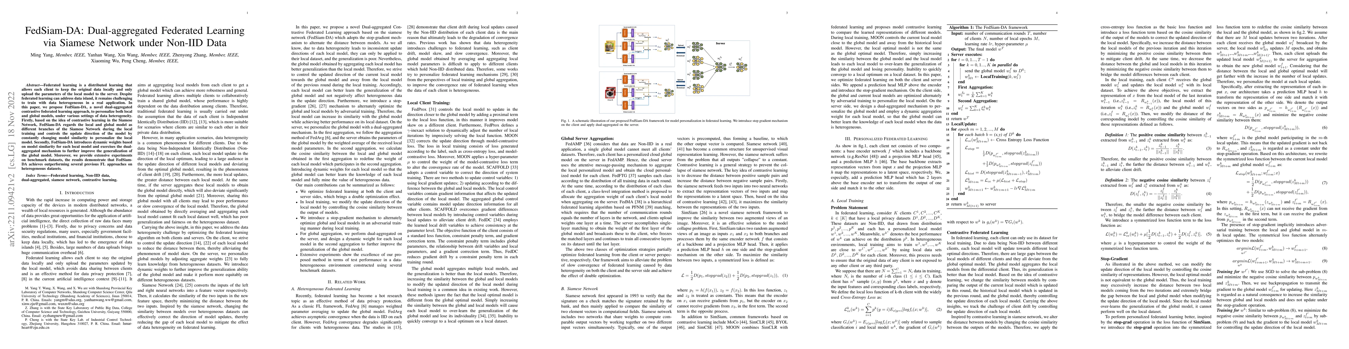 Thumbnail for FedSiam-DA: Dual-aggregated Federated Learning via Siamese Network under
  Non-IID Data