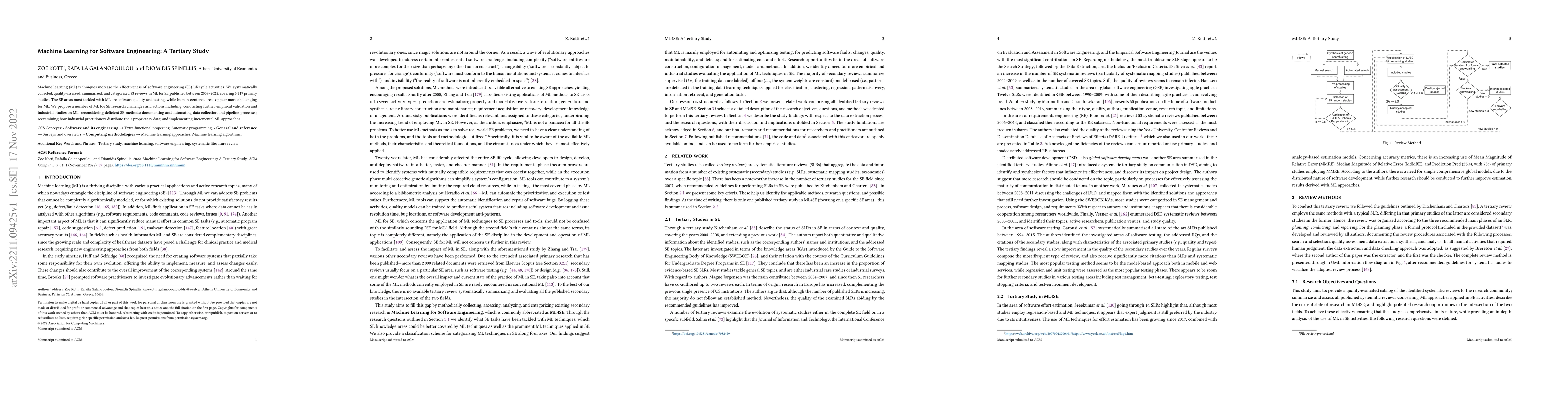 Thumbnail for Machine Learning for Software Engineering: A Tertiary Study