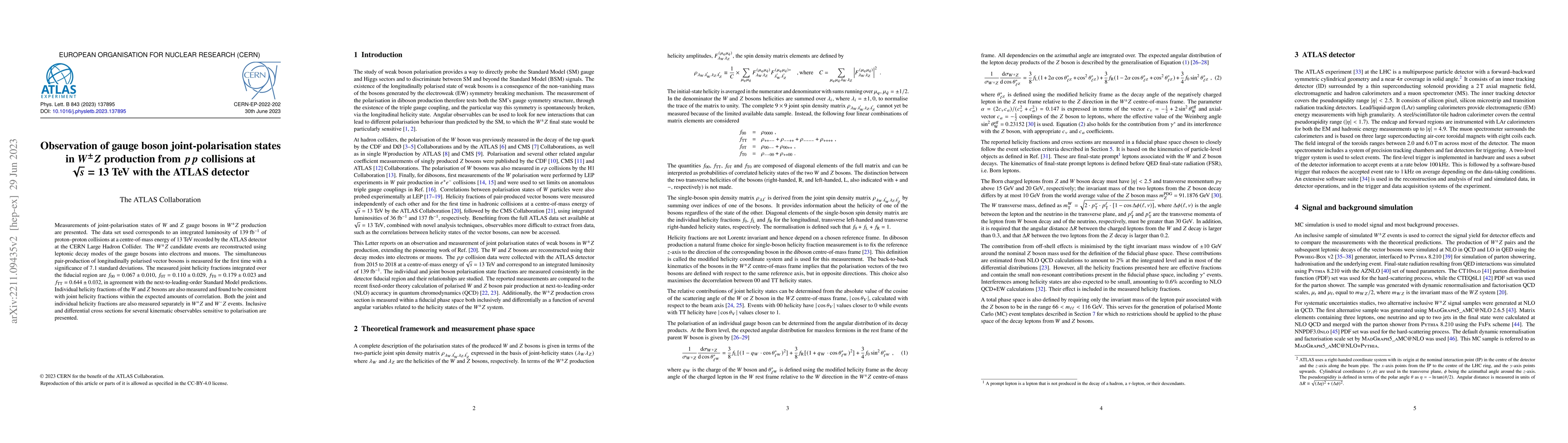 Thumbnail for Observation of gauge boson joint-polarisation states in $W^{\pm}Z$
  production from $pp$ collisions at $\sqrt{s} = 13$ TeV with the ATLAS
  detector