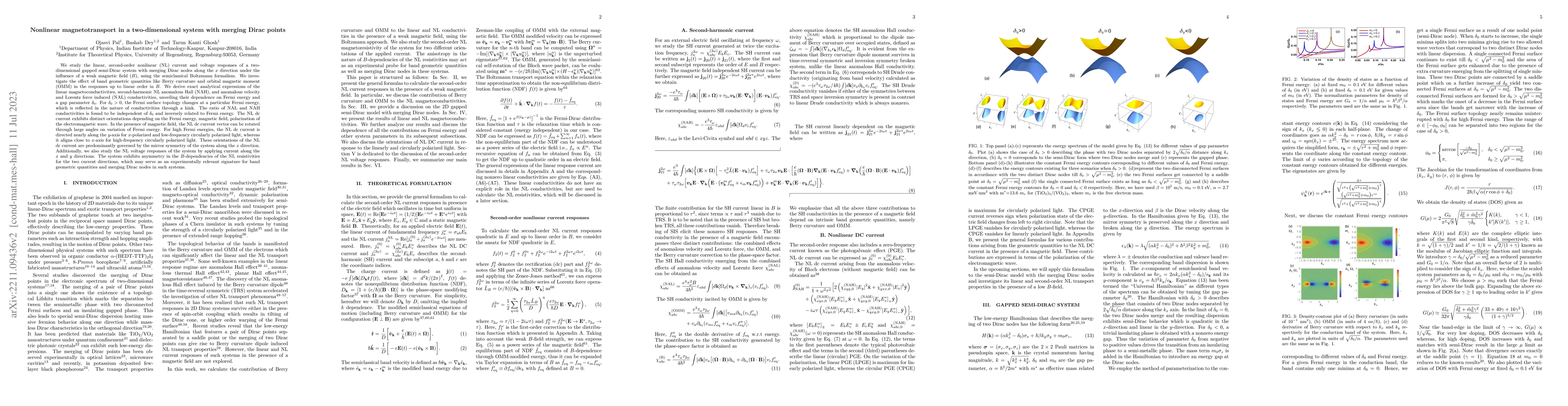 Thumbnail for Nonlinear magnetotransport in a two-dimensional system with merging
  Dirac points