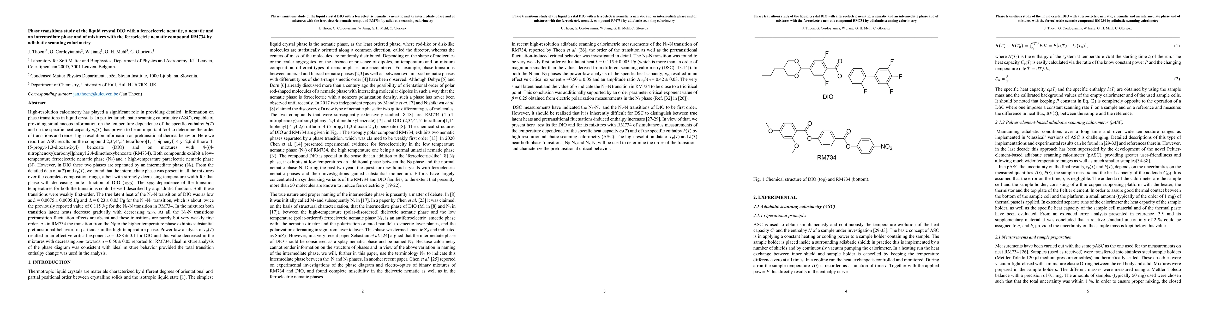 Thumbnail for Phase transitions study of the liquid crystal DIO with a ferroelectric
  nematic, a nematic and an intermediate phase and of mixtures with the
  ferroelectric nematic compound RM734 by adiabatic scanning calorimetry