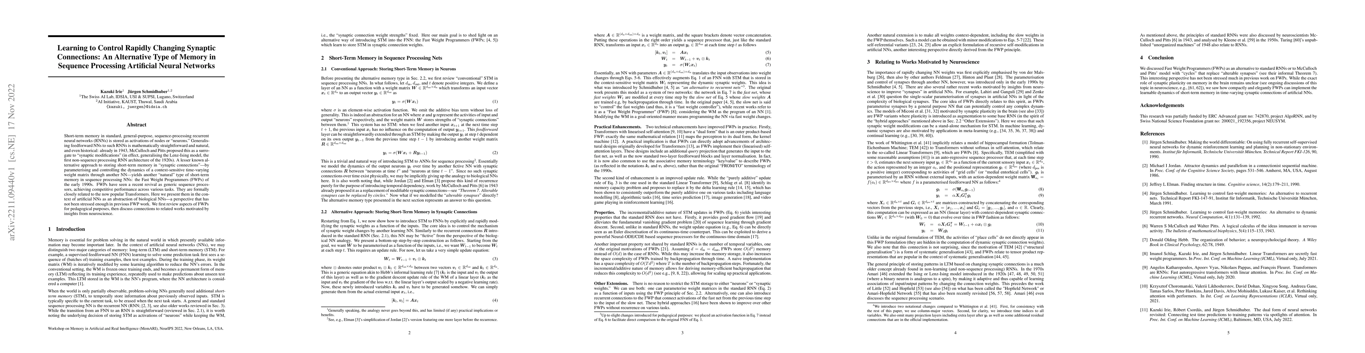 Thumbnail for Learning to Control Rapidly Changing Synaptic Connections: An
  Alternative Type of Memory in Sequence Processing Artificial Neural Networks