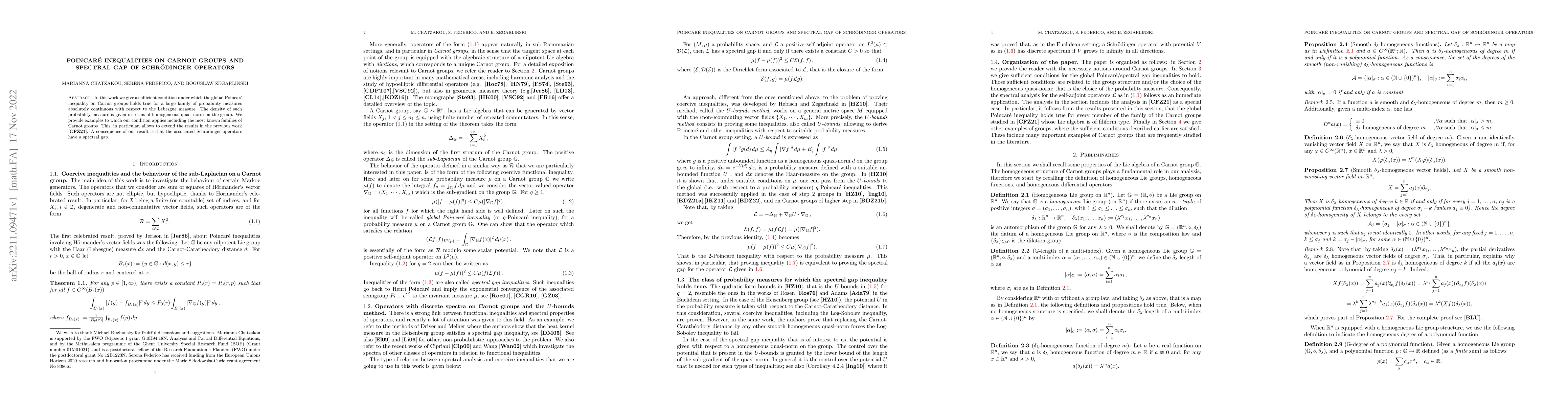 Thumbnail for Poincar\'e inequalities on Carnot Groups and spectral gap of
  Schr\"odinger operators
