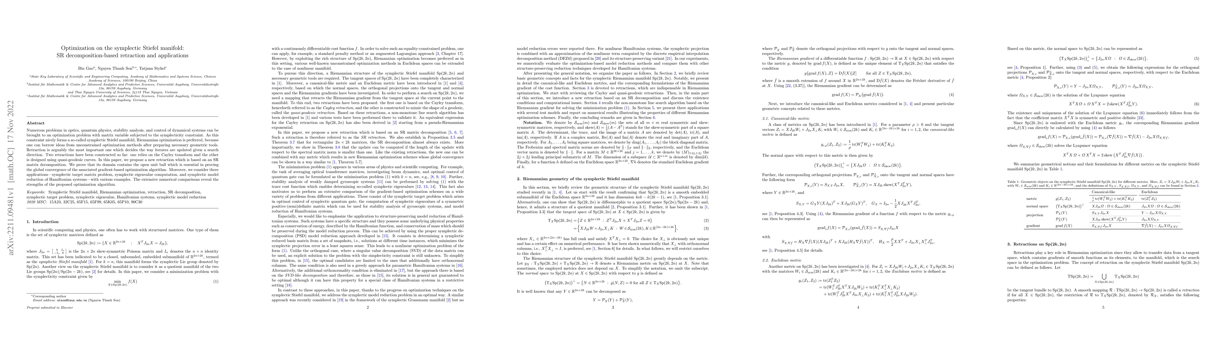 Thumbnail for Optimization on the symplectic Stiefel manifold: SR decomposition-based
  retraction and applications