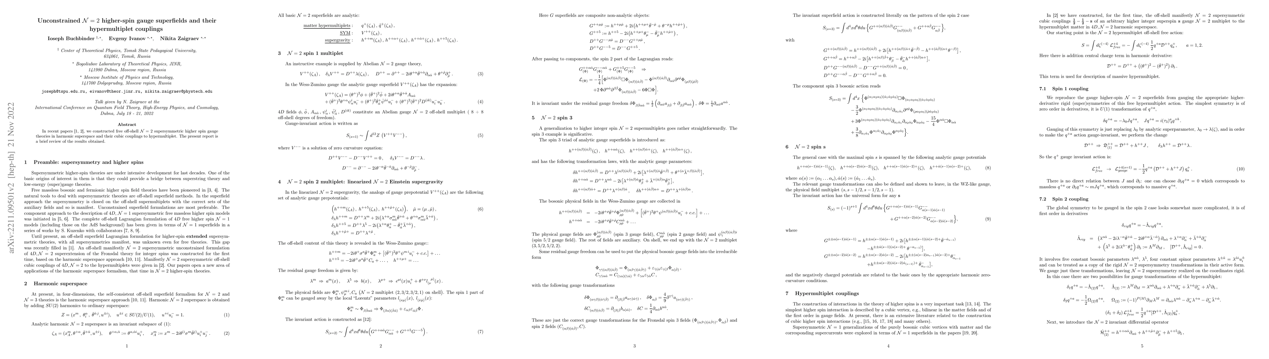 Thumbnail for Unconstrained ${\cal N}=2$ higher-spin gauge superfields and their
  hypermultiplet couplings