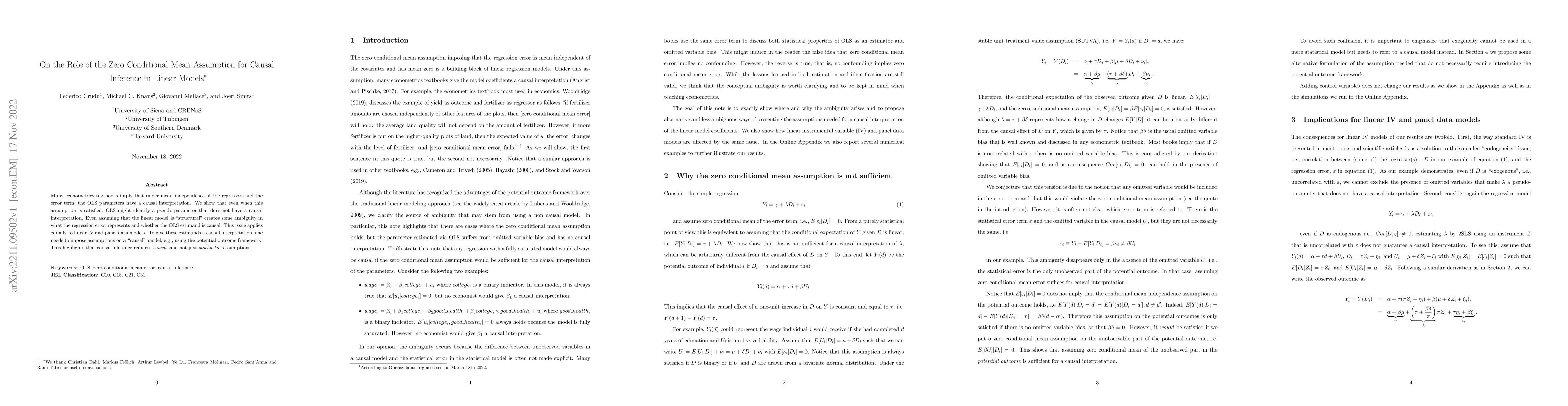 Thumbnail for On the Role of the Zero Conditional Mean Assumption for Causal Inference
  in Linear Models