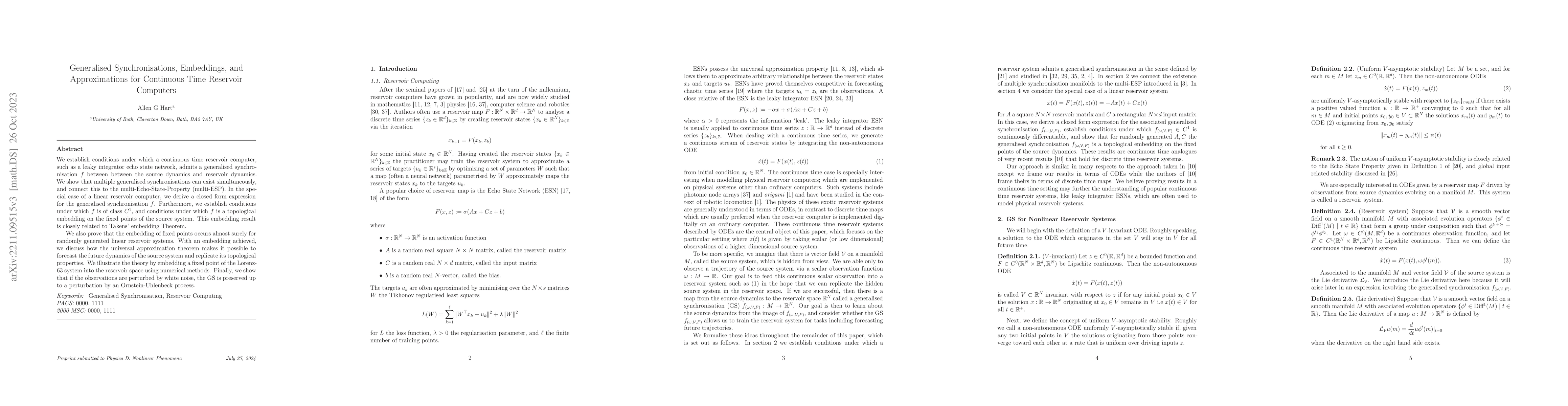 Thumbnail for Generalised Synchronisations, Embeddings, and Approximations for
  Continuous Time Reservoir Computers