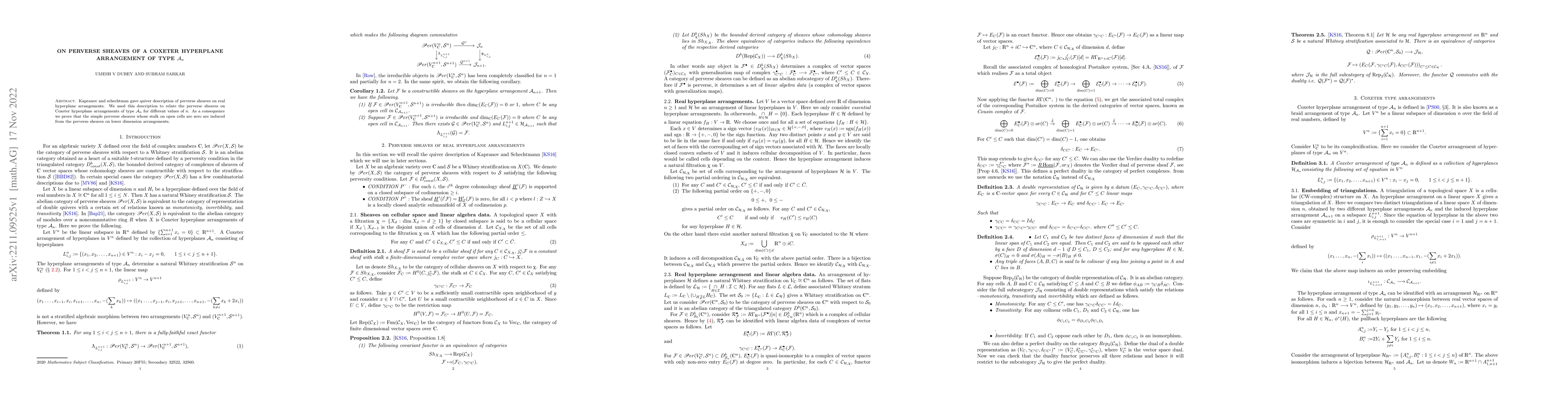 Thumbnail for On Perverse sheaves of a Coxeter hyperplane arrangement of type
  $\mathcal{A}_n$