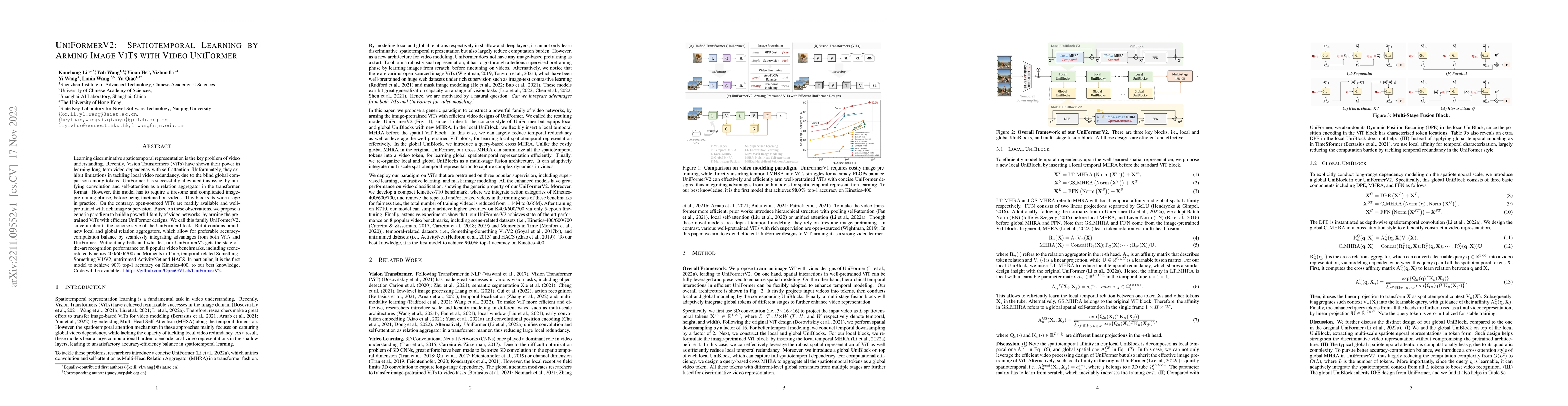 Thumbnail for UniFormerV2: Spatiotemporal Learning by Arming Image ViTs with Video
  UniFormer