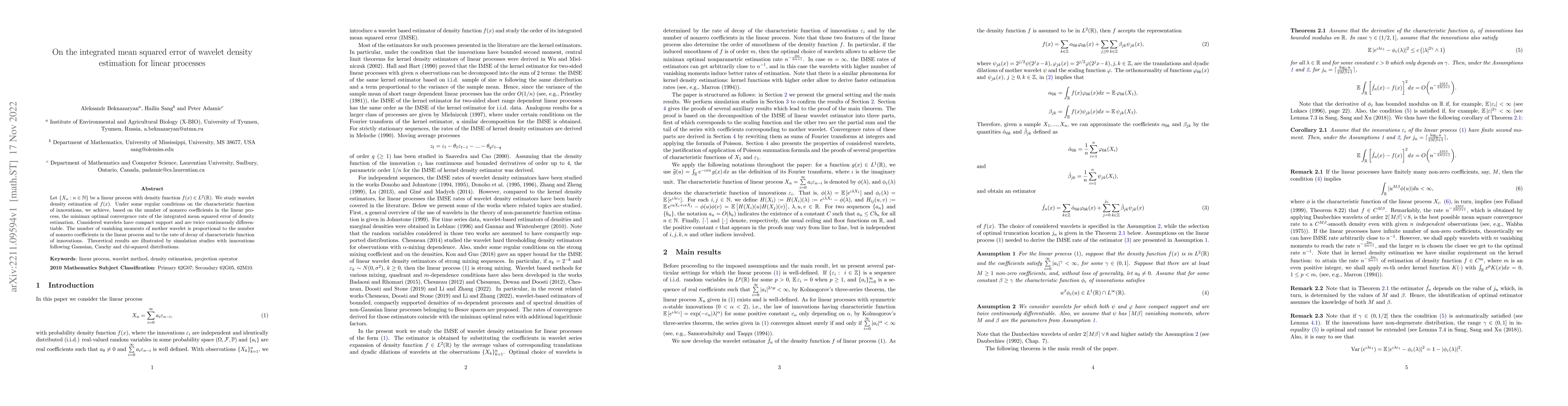 Thumbnail for On the integrated mean squared error of wavelet density estimation for
  linear processes