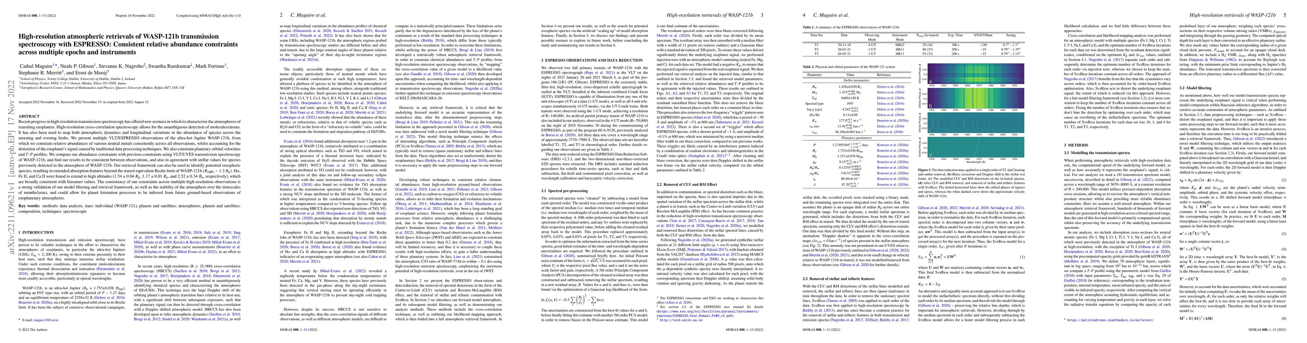 Thumbnail for High-resolution atmospheric retrievals of WASP-121b transmission
  spectroscopy with ESPRESSO: Consistent relative abundance constraints across
  multiple epochs and instruments