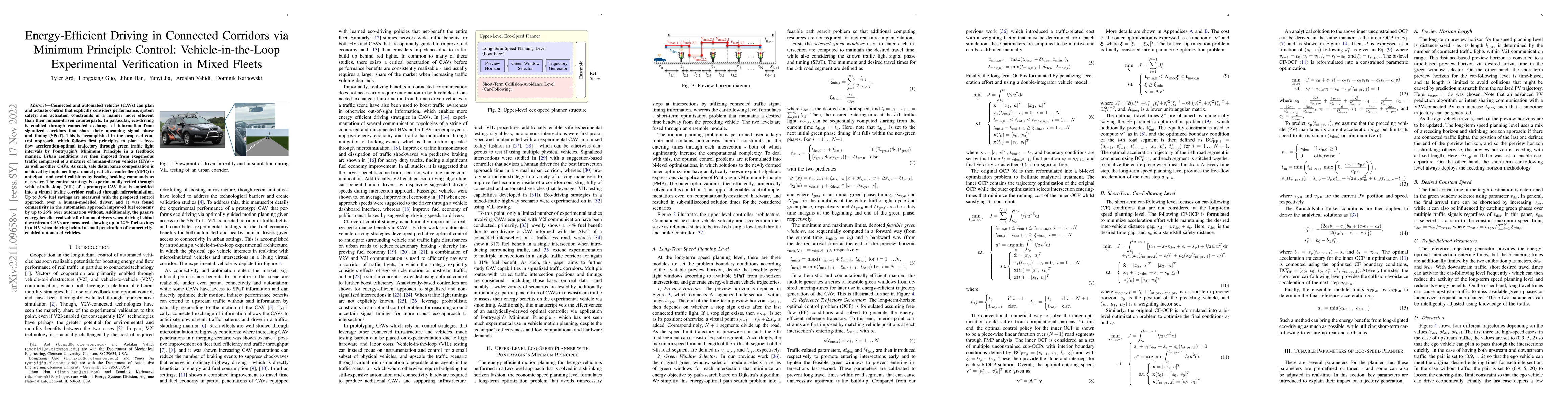 Thumbnail for Energy-Efficient Driving in Connected Corridors via Minimum Principle
  Control: Vehicle-in-the-Loop Experimental Verification in Mixed Fleets