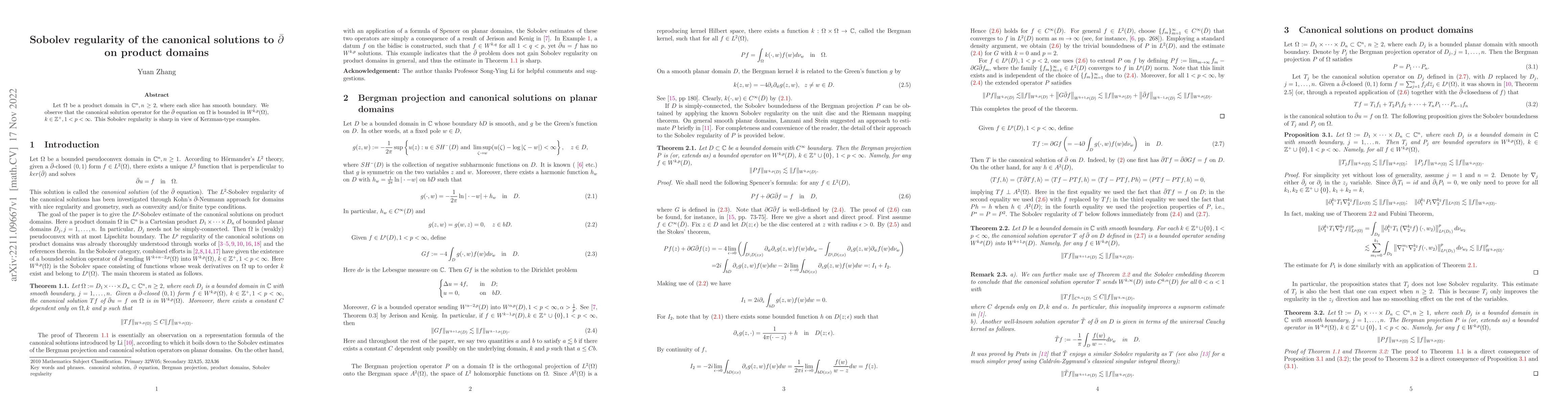 Thumbnail for Sobolev regularity of the canonical solutions to $\bar\partial$ on
  product domains
