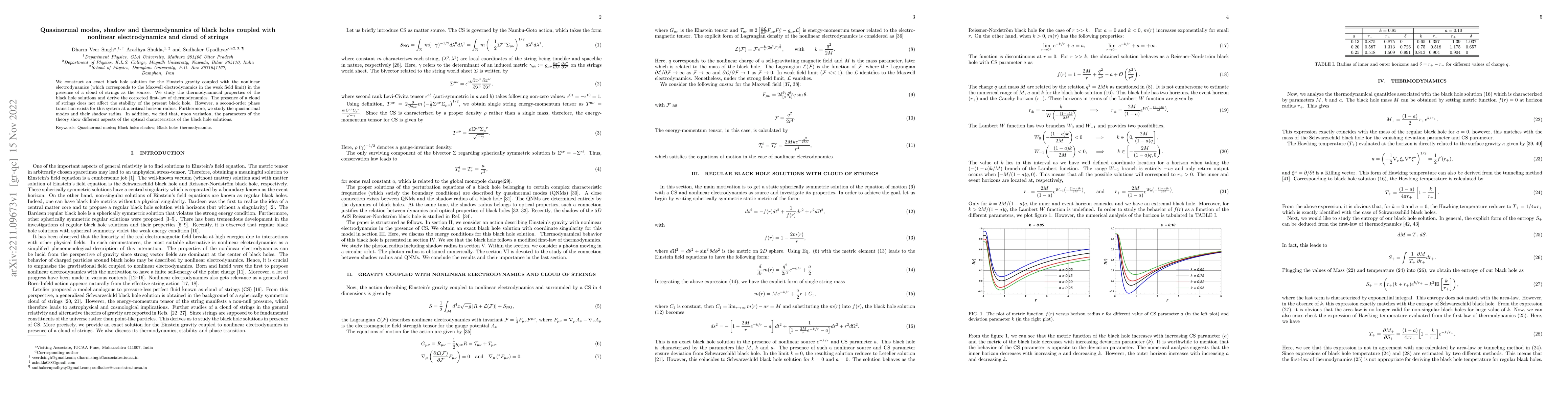 Thumbnail for Quasinormal modes, shadow and thermodynamics of black holes coupled with
  nonlinear electrodynamics and cloud of strings