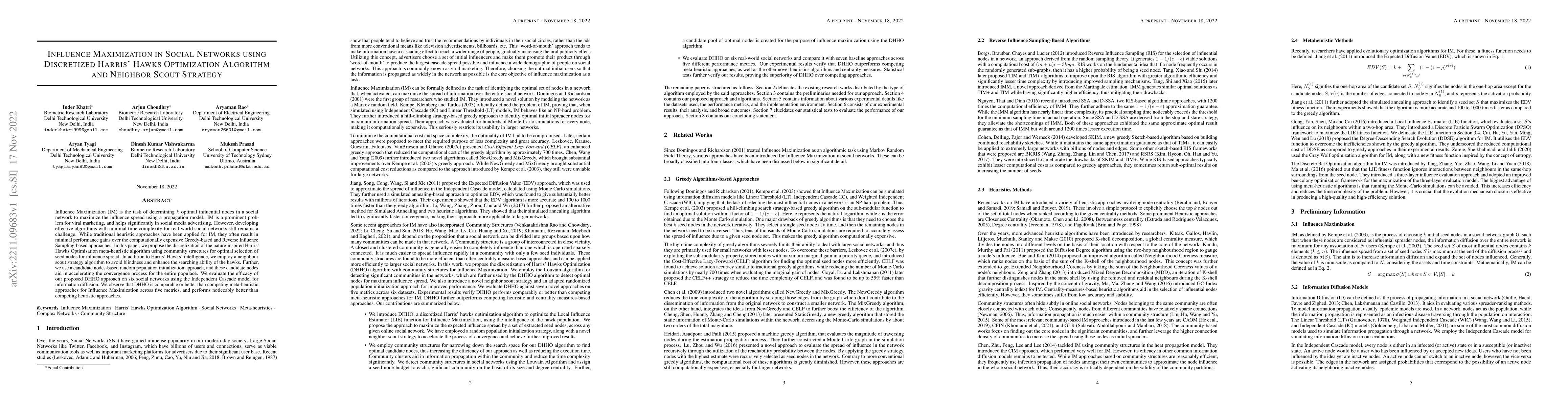 Thumbnail for Influence Maximization in Social Networks using Discretized Harris Hawks
  Optimization Algorithm and Neighbour Scout Strategy