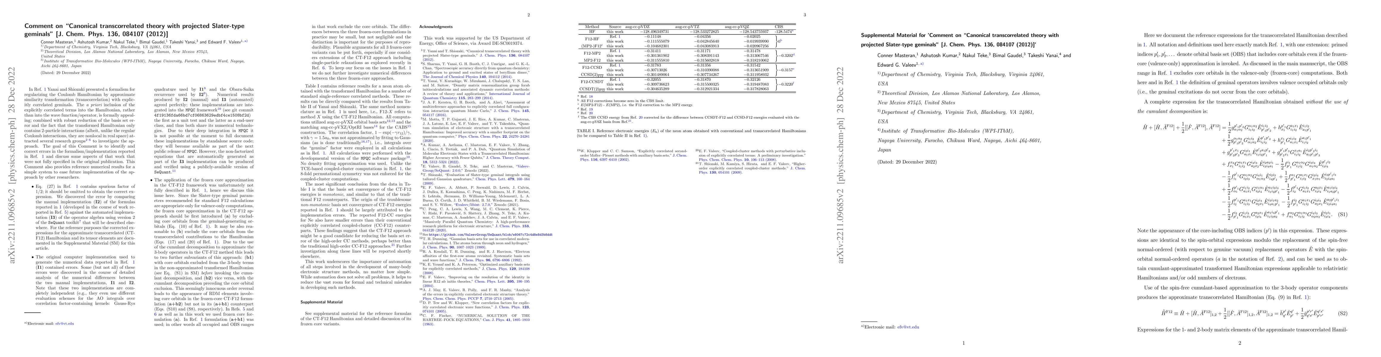 Thumbnail for Comment on "Canonical transcorrelated theory with projected Slater-type
  geminals" [J. Chem. Phys. 136, 084107 (2012)]