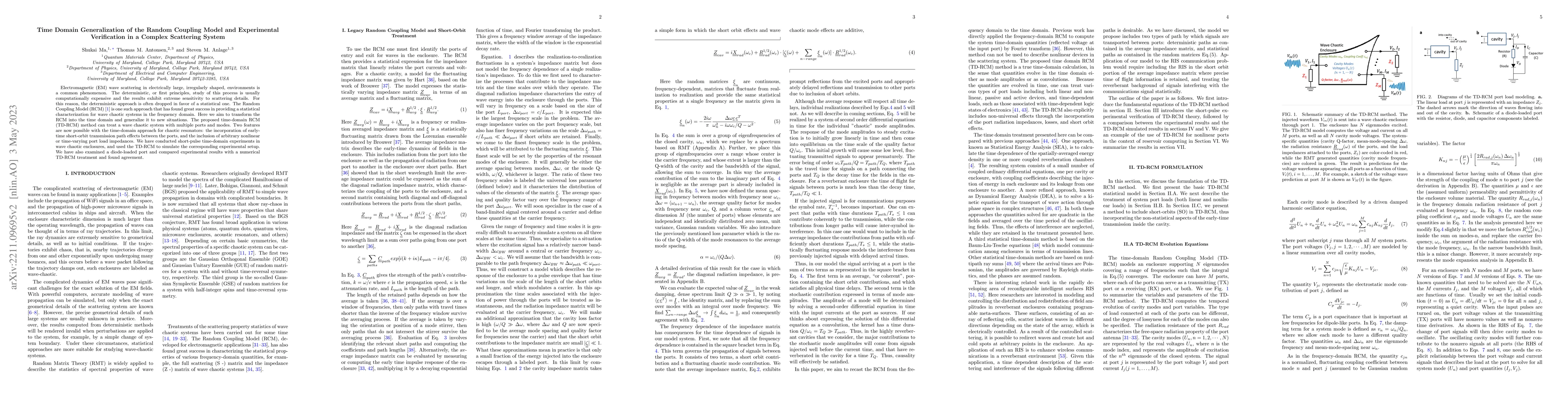 Thumbnail for Time Domain Generalization of the Random Coupling Model and Experimental
  Verification in a Complex Scattering System