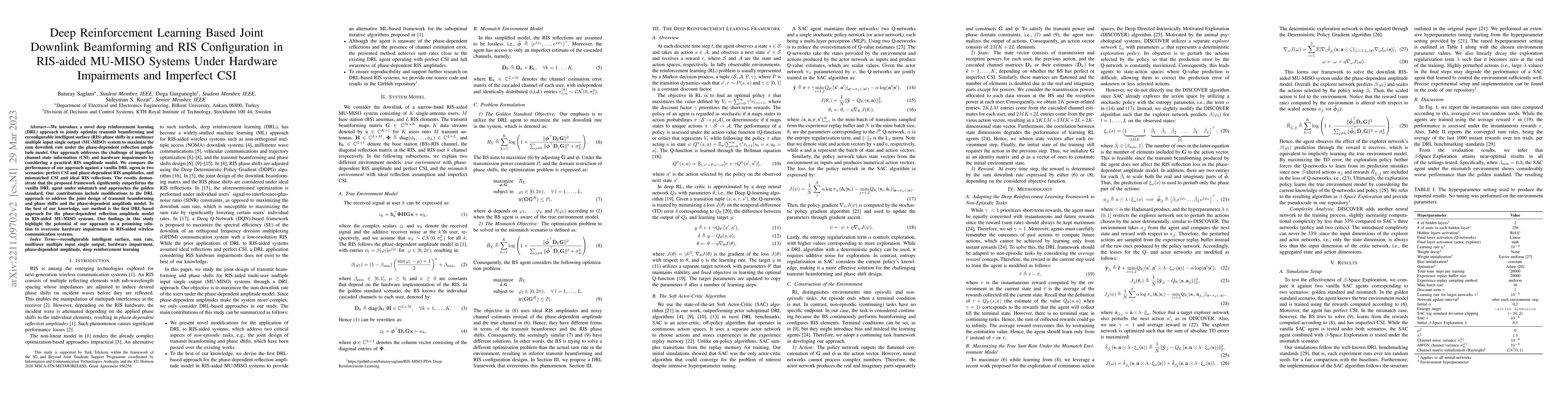 Thumbnail for Deep Reinforcement Learning Based Joint Downlink Beamforming and RIS
  Configuration in RIS-aided MU-MISO Systems Under Hardware Impairments and
  Imperfect CSI