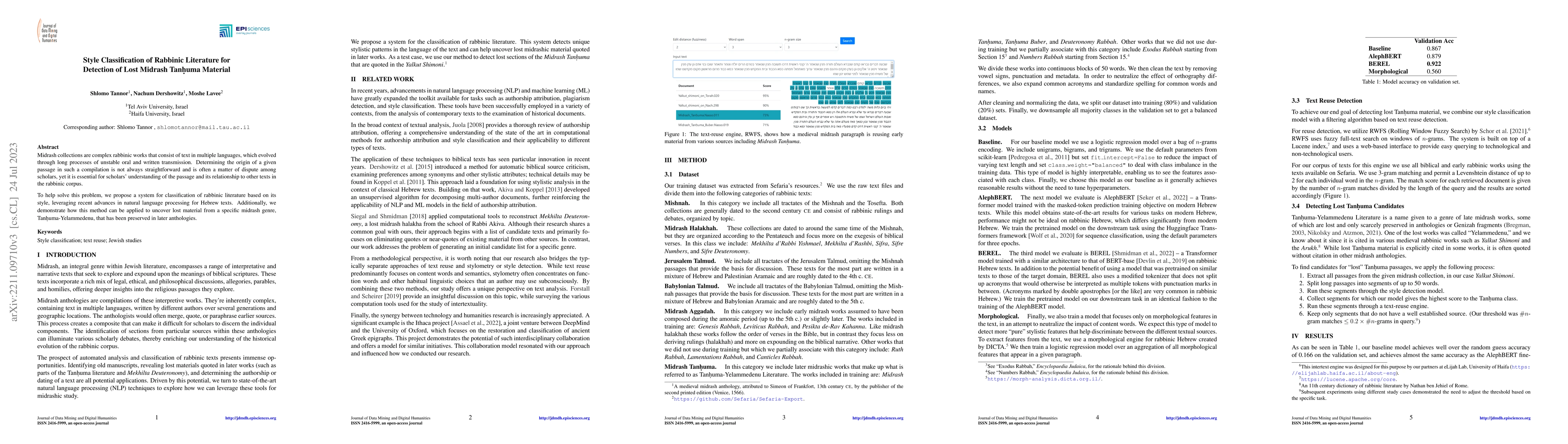 Thumbnail for Style Classification of Rabbinic Literature for Detection of Lost
  Midrash Tanhuma Material