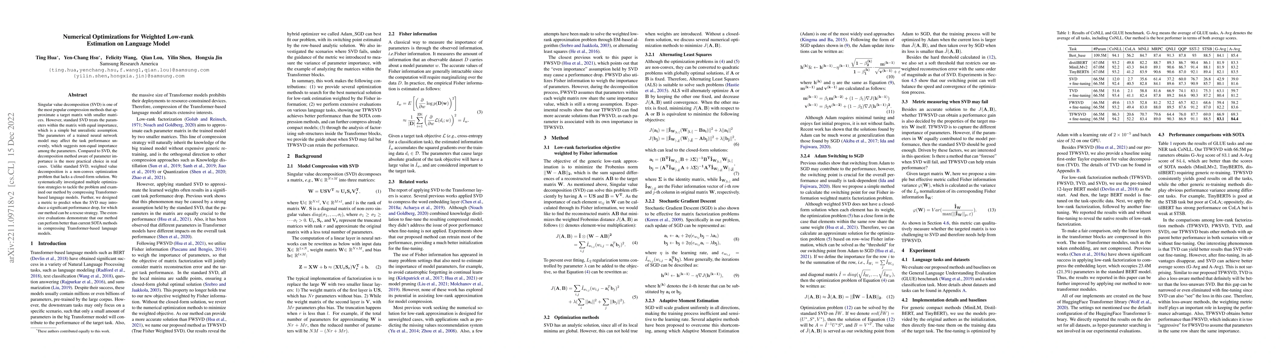 Thumbnail for Numerical Optimizations for Weighted Low-rank Estimation on Language
  Model