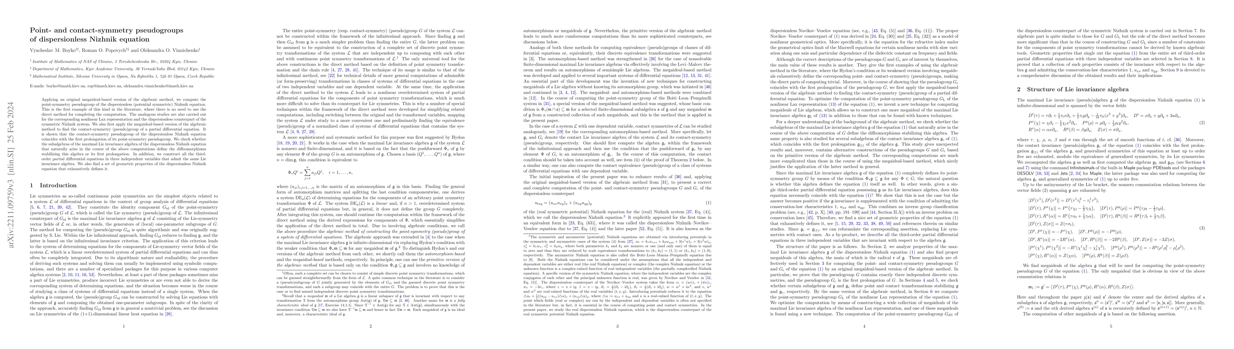 Thumbnail for Point- and contact-symmetry pseudogroups of dispersionless Nizhnik
  equation