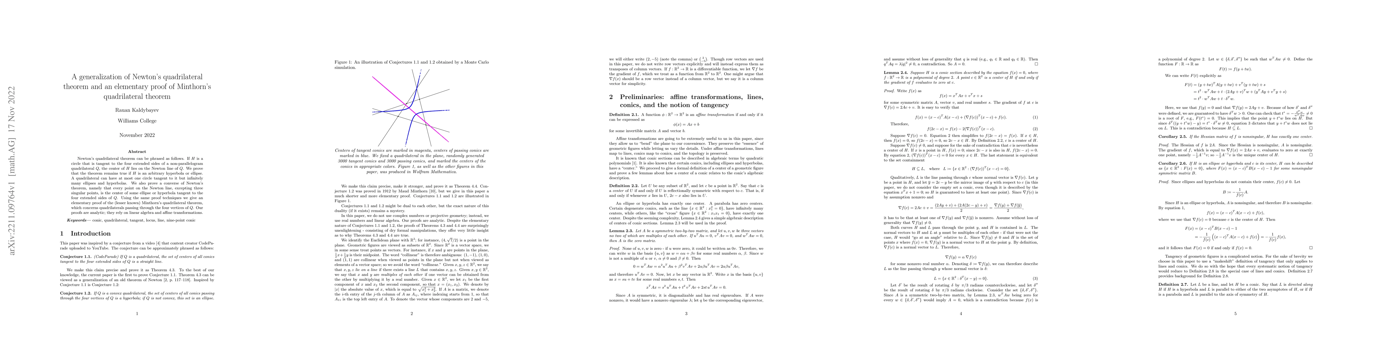 Thumbnail for A generalization of Newton's quadrilateral theorem and an elementary
  proof of Minthorn's quadrilateral theorem