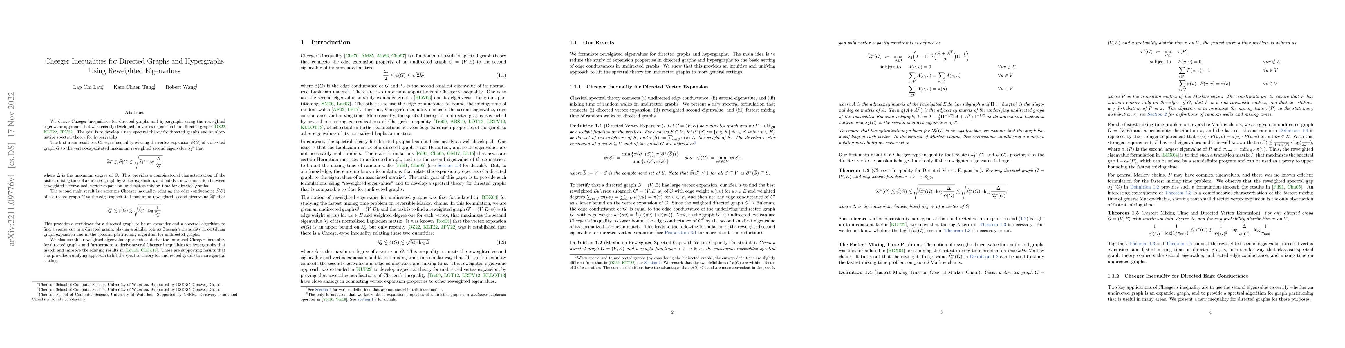 Thumbnail for Cheeger Inequalities for Directed Graphs and Hypergraphs Using
  Reweighted Eigenvalues