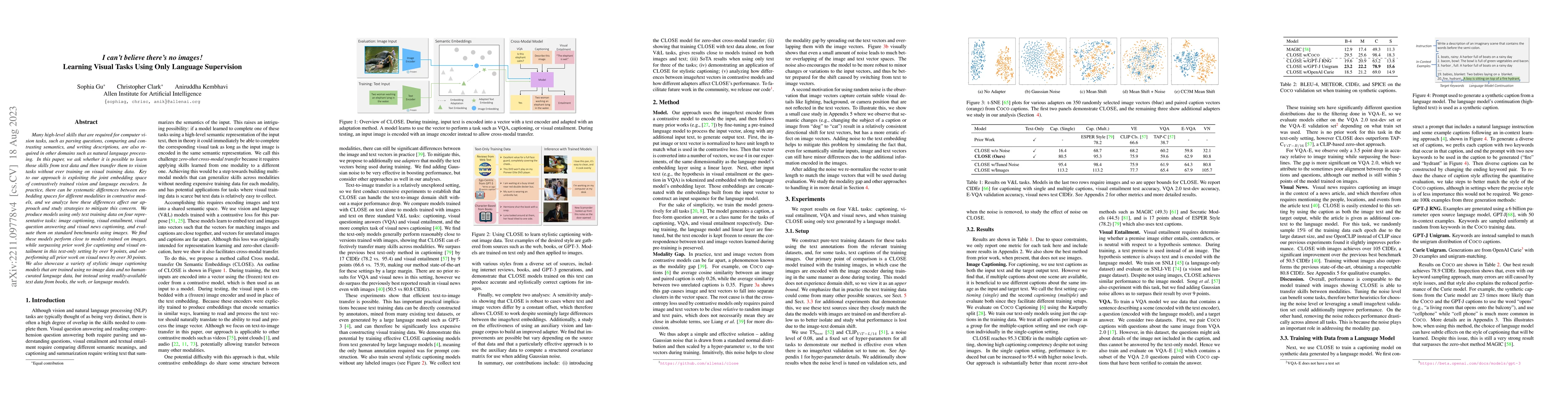 Thumbnail for I Can't Believe There's No Images! Learning Visual Tasks Using only
  Language Supervision