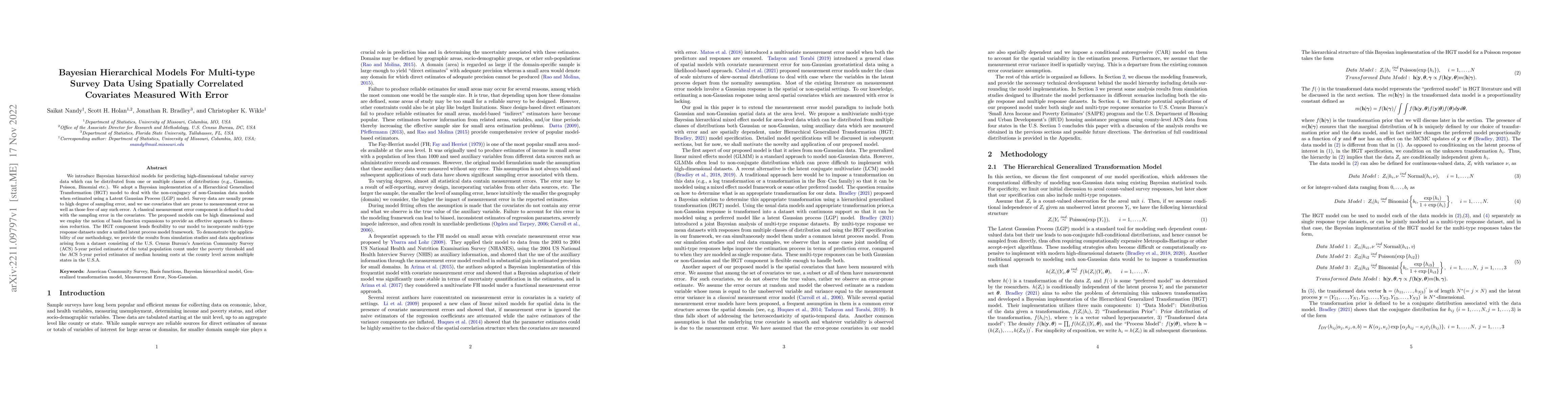 Thumbnail for Bayesian Hierarchical Models For Multi-type Survey Data Using Spatially
  Correlated Covariates Measured With Error