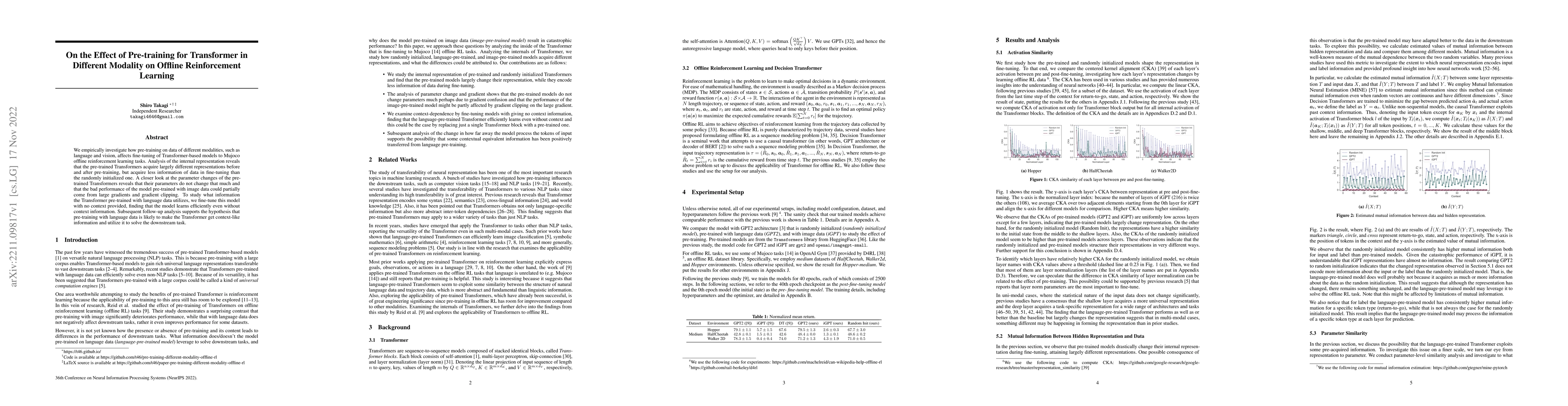 Thumbnail for On the Effect of Pre-training for Transformer in Different Modality on
  Offline Reinforcement Learning
