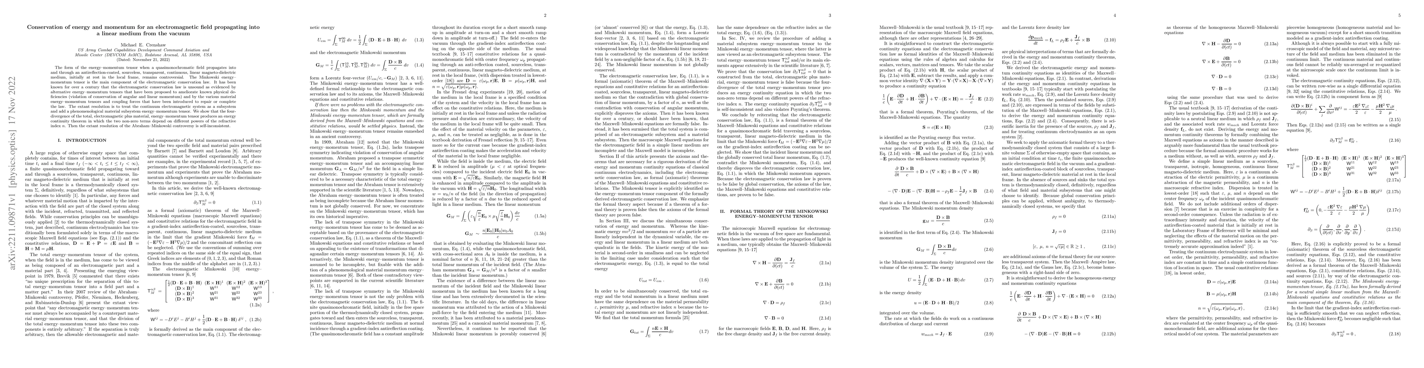 Thumbnail for Conservation of energy and momentum for an electromagnetic field
  propagating into a linear medium from the vacuum