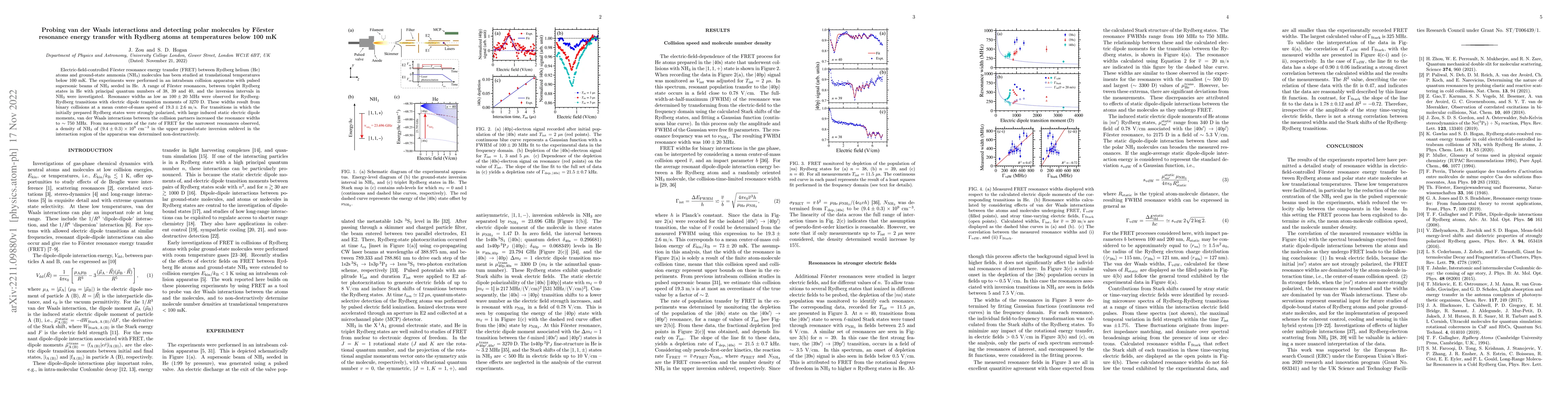 Thumbnail for Probing van der Waals interactions and detecting polar molecules by
  F\"orster resonance energy transfer with Rydberg atoms at temperatures below
  100 mK