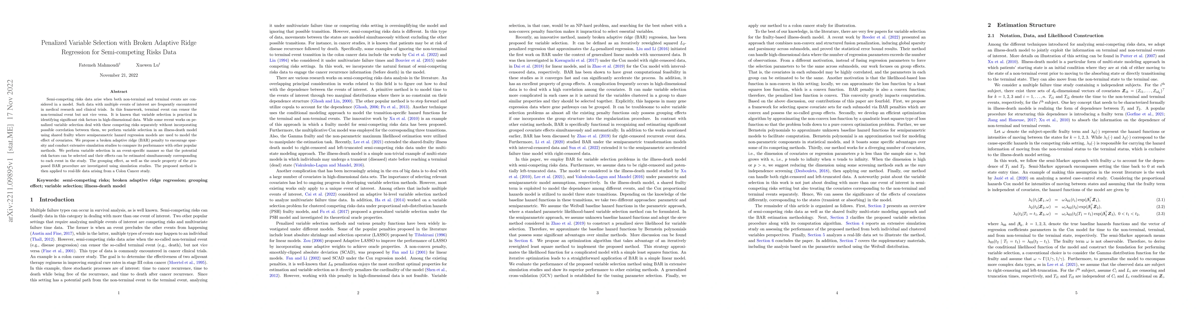 Thumbnail for Penalized Variable Selection with Broken Adaptive Ridge Regression for
  Semi-competing Risks Data