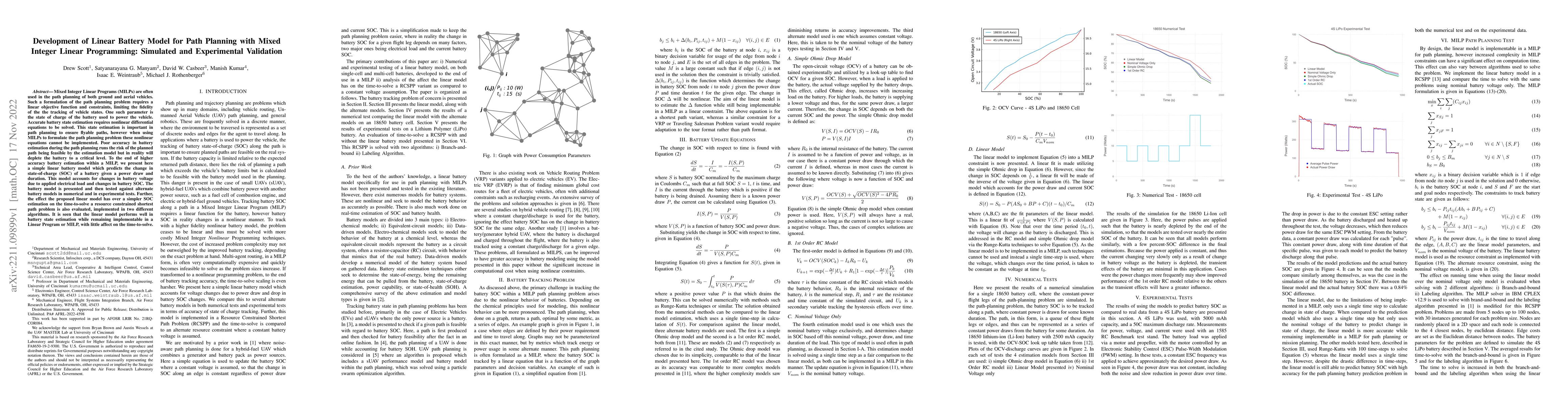 Thumbnail for Development of Linear Battery Model for Path Planning with Mixed Integer
  Linear Programming: Simulated and Experimental Validation