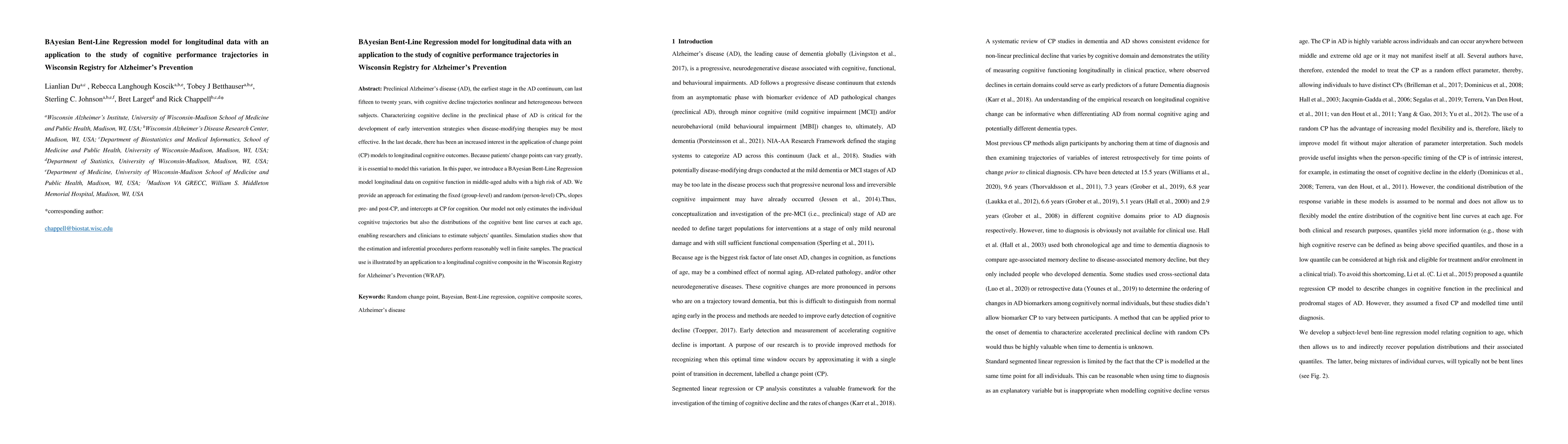 Thumbnail for BAyesian Bent-Line Regression model for longitudinal data with an
  application to the study of cognitive performance trajectories in Wisconsin
  Registry for Alzheimer's Prevention