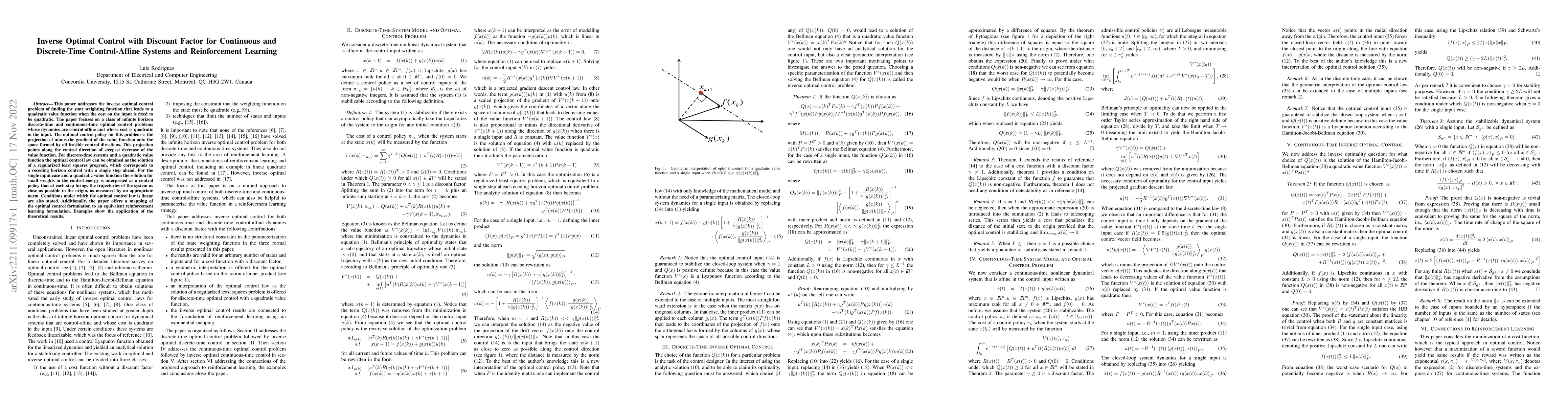 Thumbnail for Inverse Optimal Control with Discount Factor for Continuous and
  Discrete-Time Control-Affine Systems and Reinforcement Learning