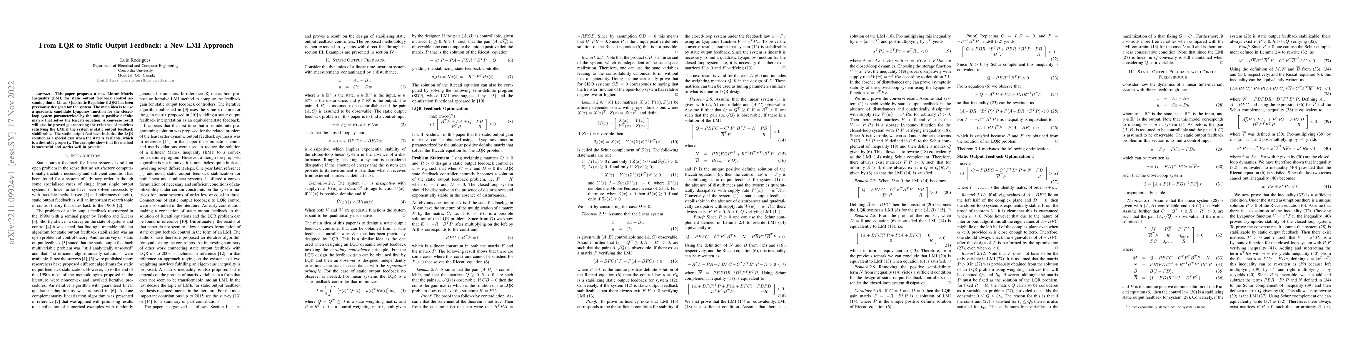 Thumbnail for From LQR to Static Output Feedback: a New LMI Approach