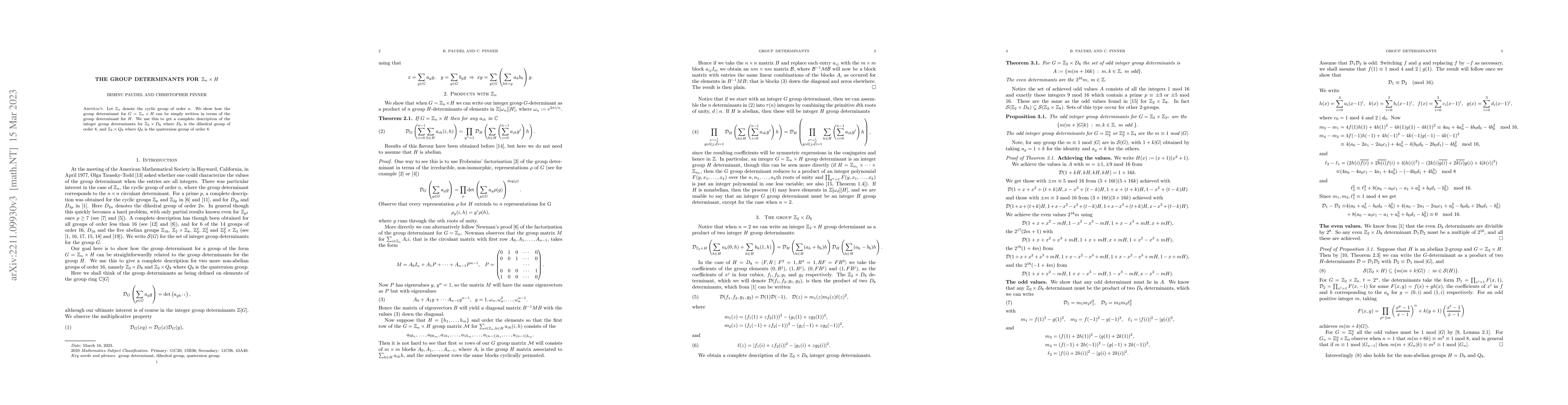 Thumbnail for The group determinants for $\mathbb Z_n \times H$
