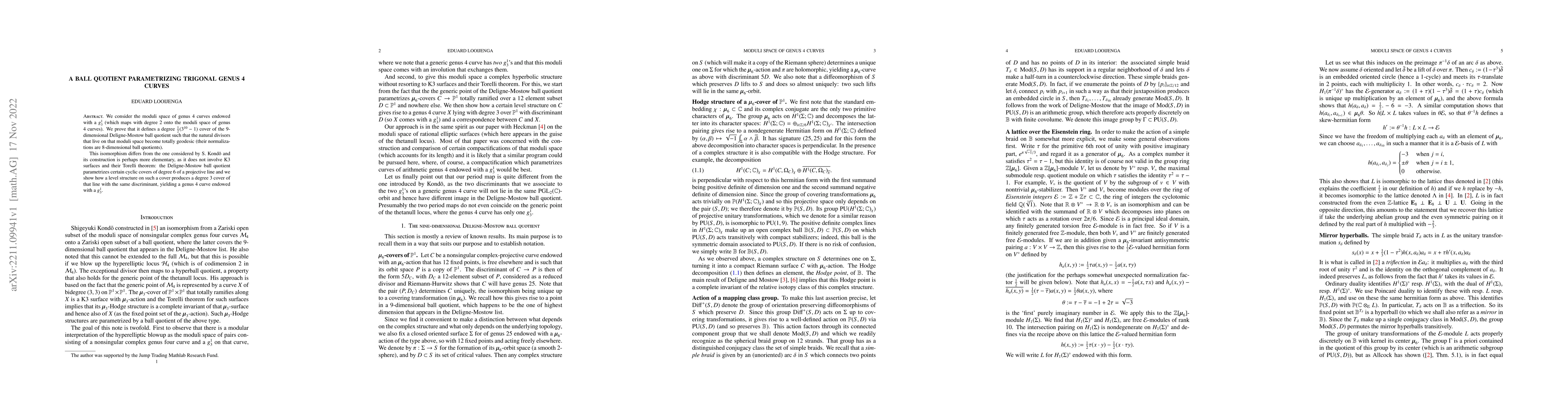 Thumbnail for A ball quotient parametrizing trigonal genus 4 curves