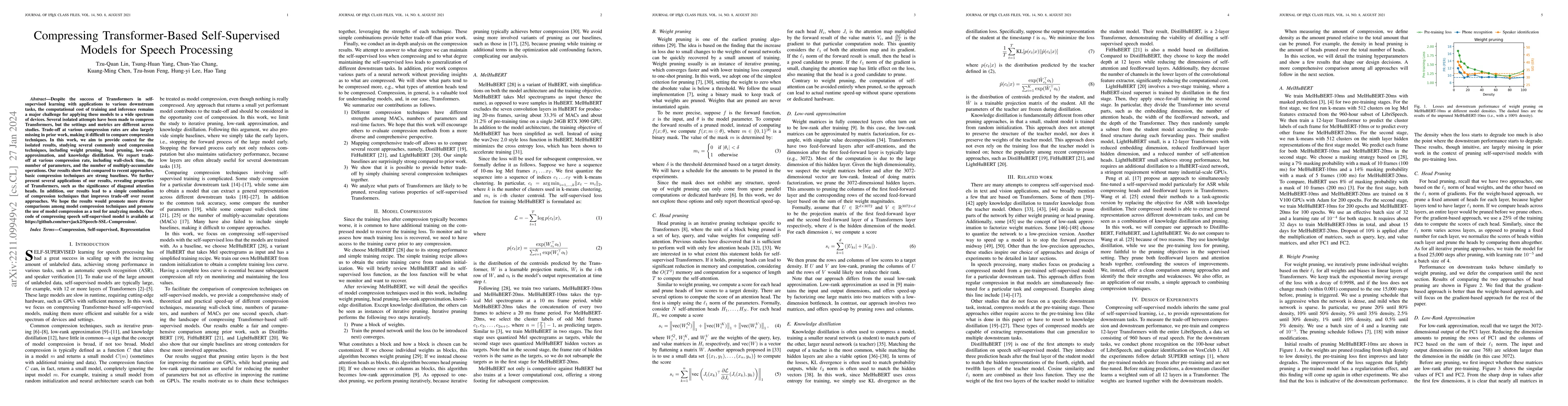Thumbnail for Compressing Transformer-based self-supervised models for speech
  processing