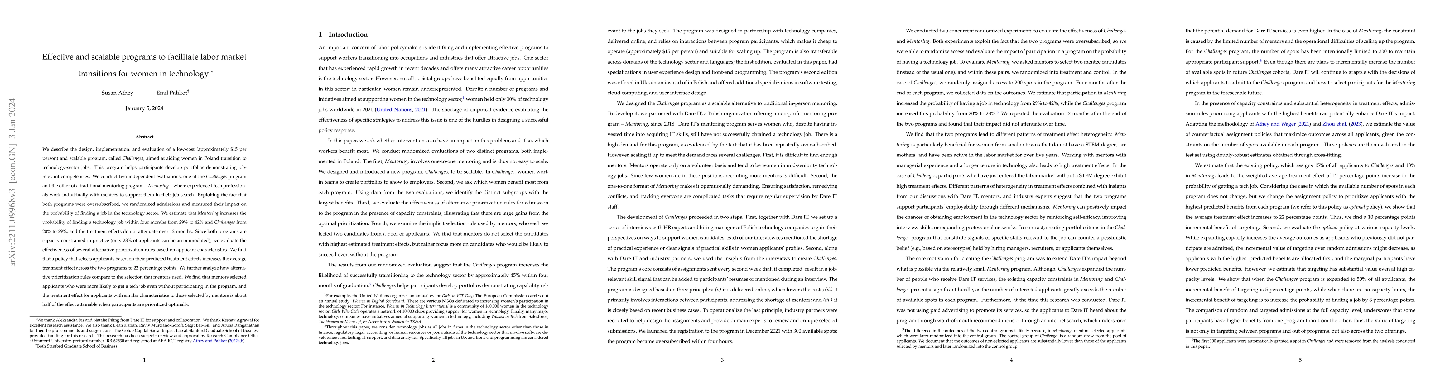 Thumbnail for Effective and scalable programs to facilitate labor market transitions
  for women in technology