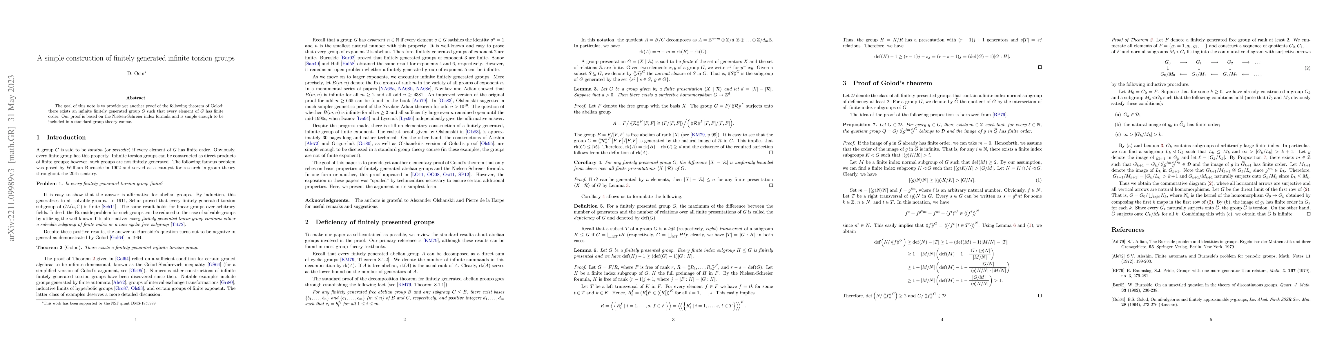 Thumbnail for A simple construction of infinite finitely generated torsion groups