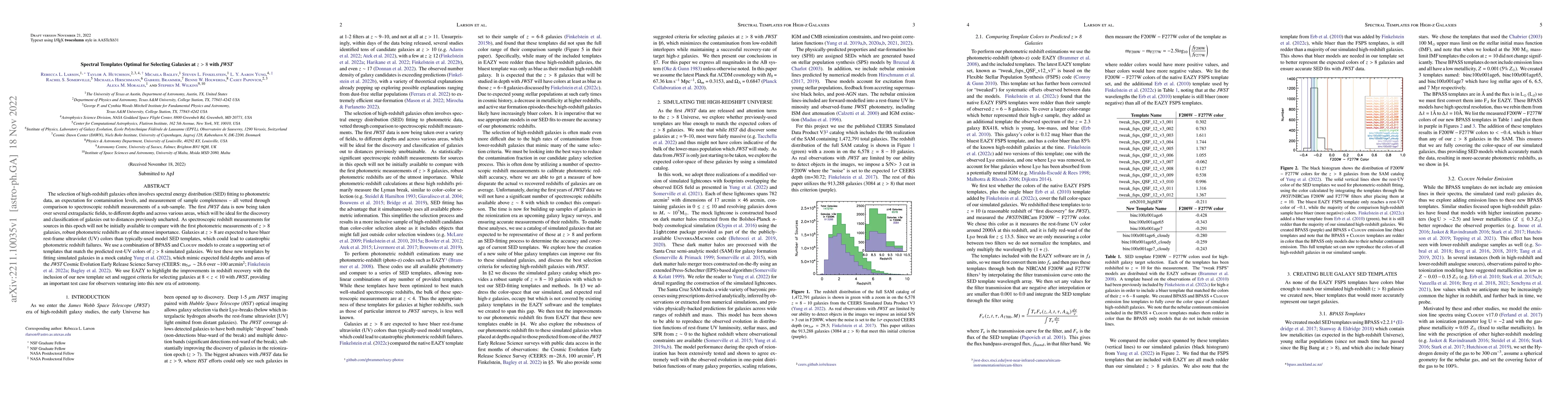 Thumbnail for Spectral Templates Optimal for Selecting Galaxies at z > 8 with JWST