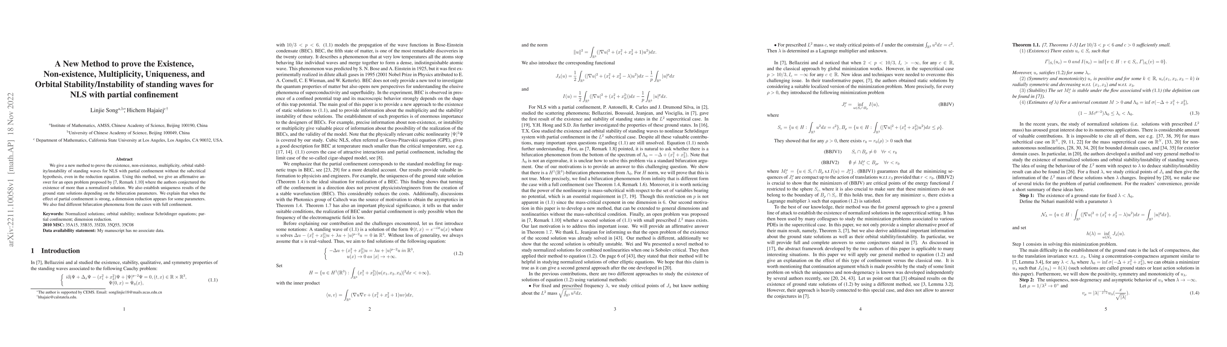 Thumbnail for A New Method to prove the Existence, Non-existence, Multiplicity,
  Uniqueness, and Orbital Stability/Instability of standing waves for NLS with
  partial confinement